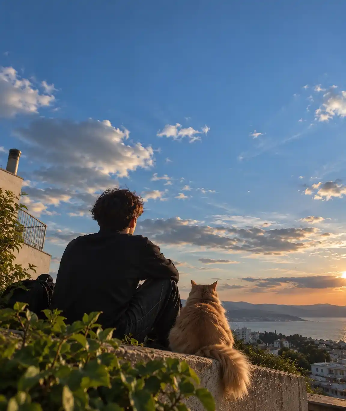 Ernest sitting with his cat Tora, looking out over a wide blue sky at sunset.